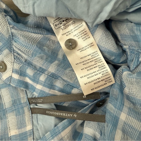 By Anthropologie Sleeveless Button Down Shirt Dress Blue Plaid Maxi Tiered XS - Picture 10 of 14